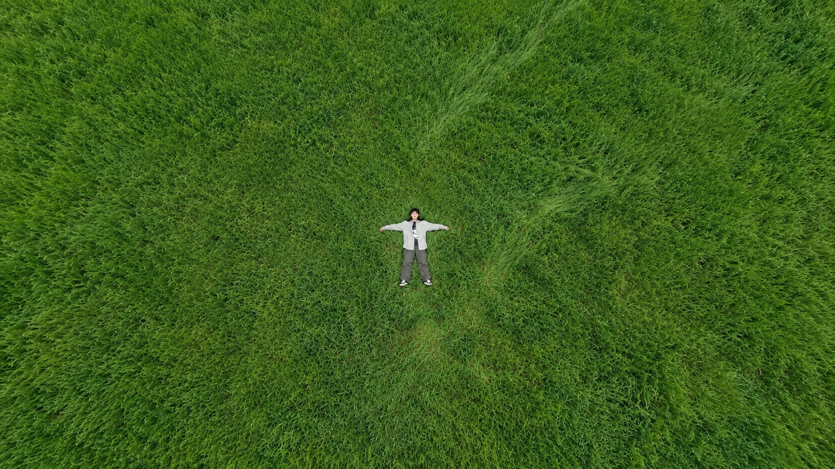 An aerial view of a person lying spread out in the middle of a vast green field.