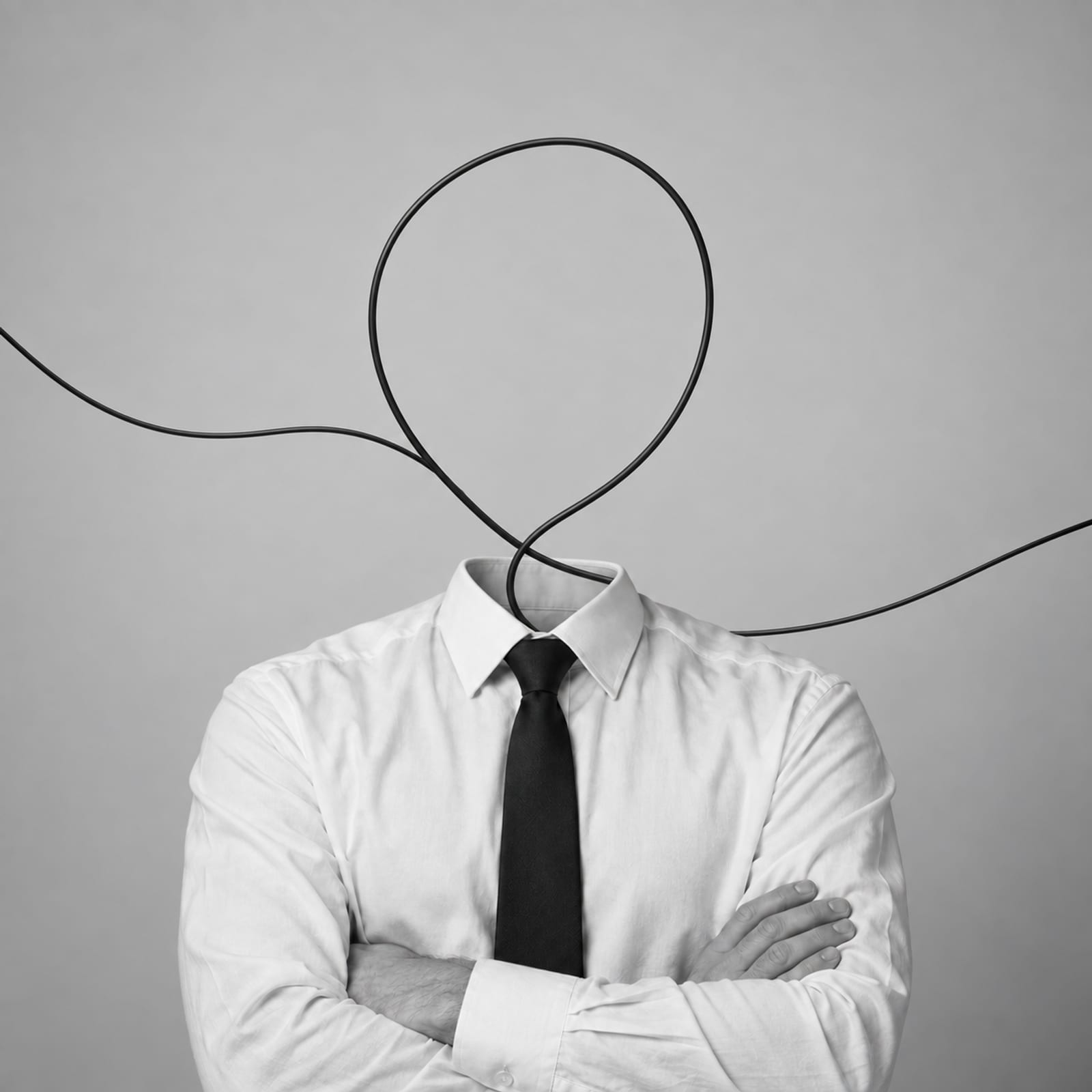 The same monochrome figure has a single calm loop of cable in place of a head.